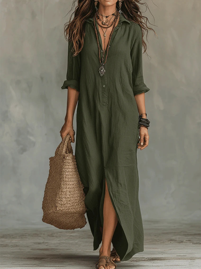 Collared Button Front Long Sleeve Side Split Shirt Maxi Dress 7