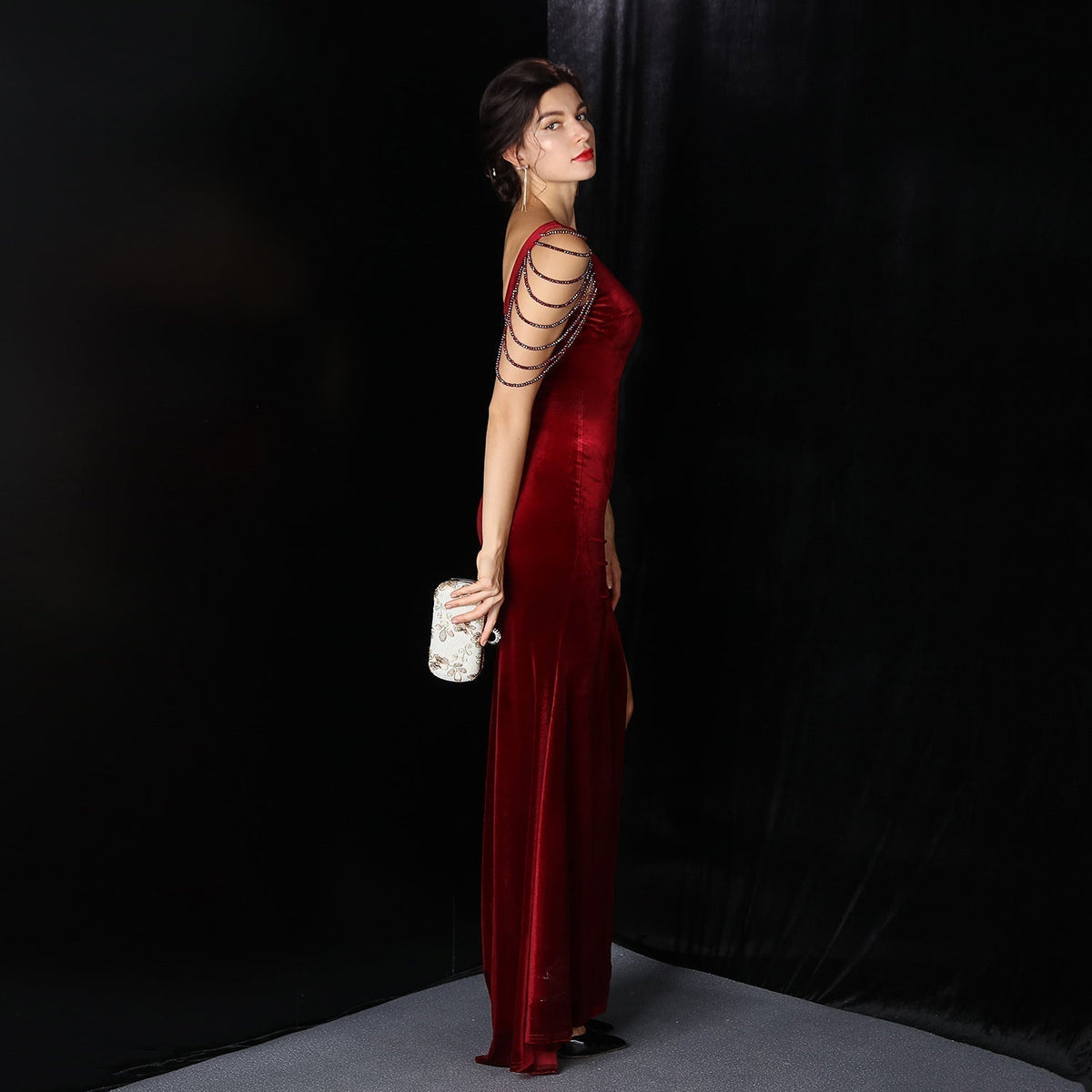 Velvet V-Neck Beaded Sleeve Slit Mermaid Gown