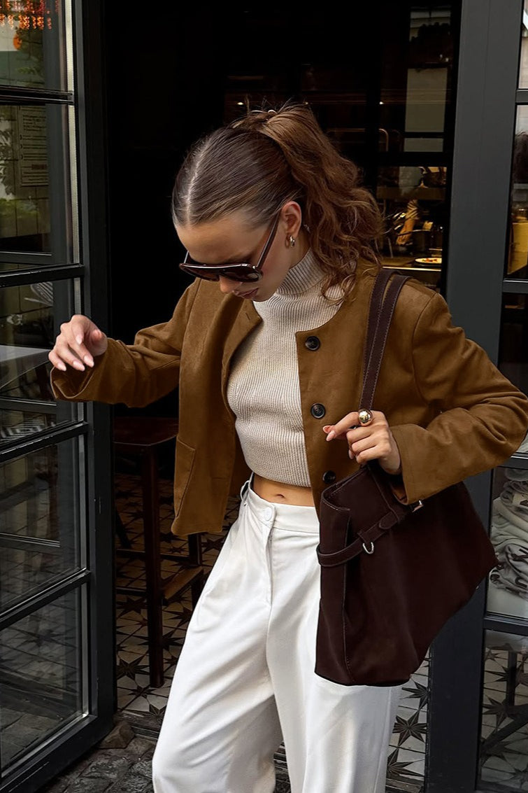 Vintage Brown Suede Round Neck Jacket