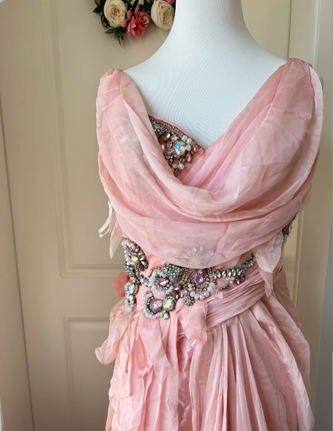 Vintage Pink A-line Rhinestone Beaded Chiffon Long Prom Dress Evening Dress P4203