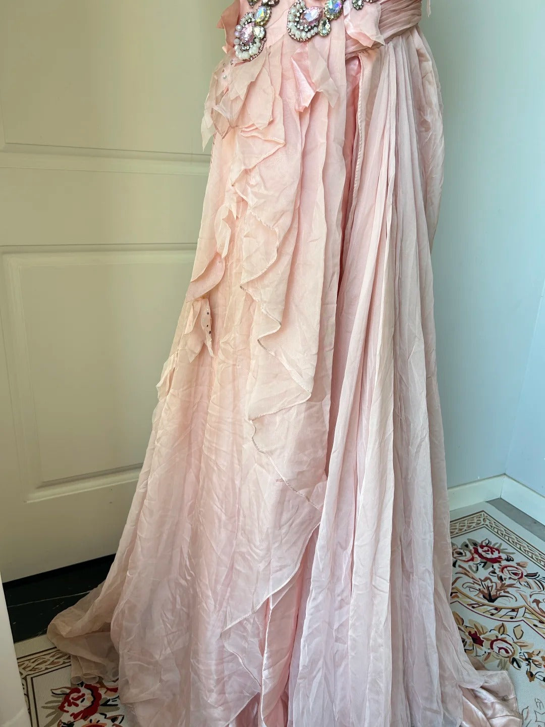 Vintage Pink A-line Rhinestone Beaded Chiffon Long Prom Dress Evening Dress P4203