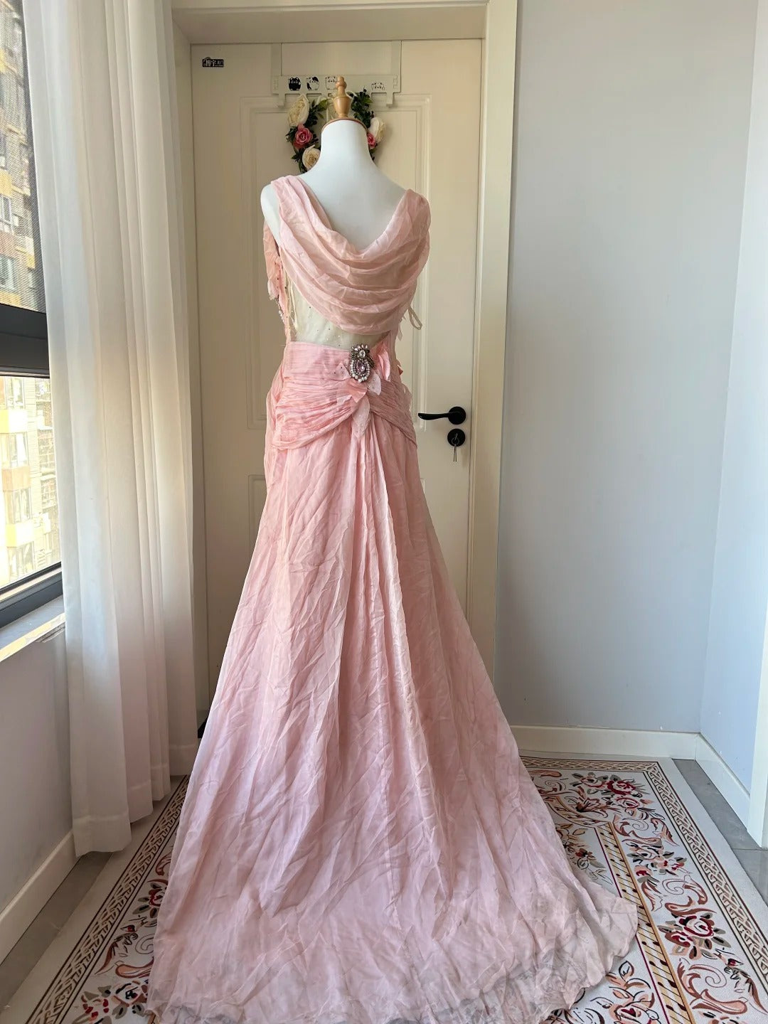 Vintage Pink A-line Rhinestone Beaded Chiffon Long Prom Dress Evening Dress P4203