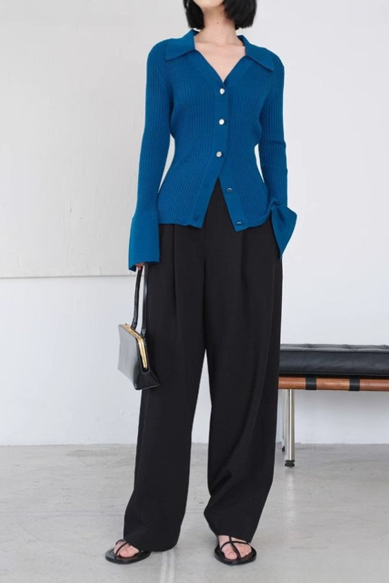 Stretch Ribbed Collared Knit Top