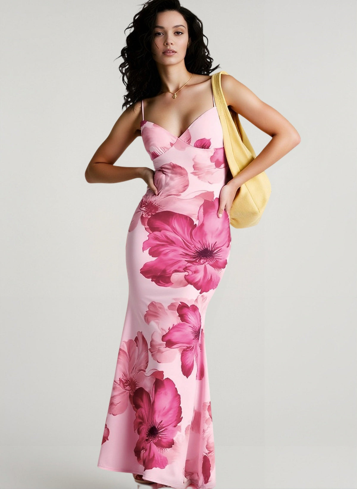 Floral Print Spaghetti Strap Cowl Neck Mermaid Maxi Dress