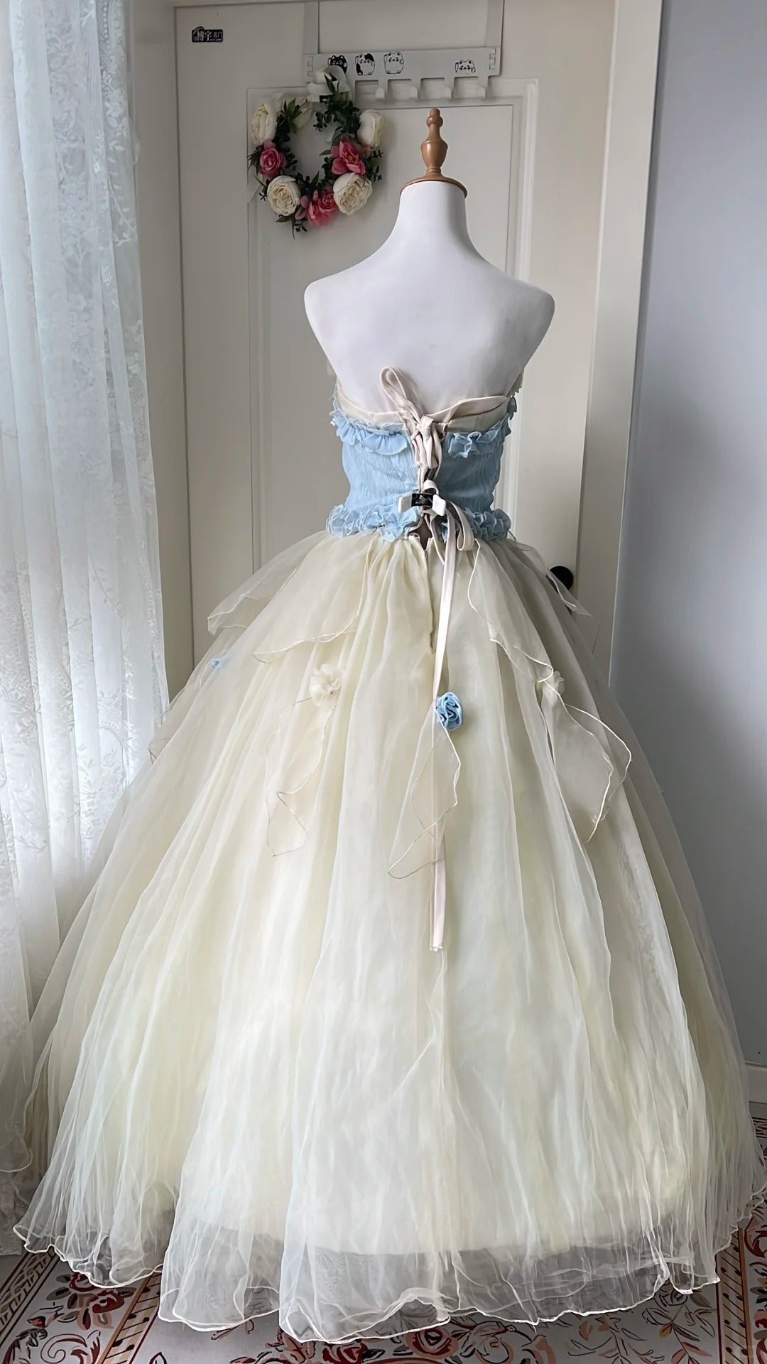 Dreamy Blue and Yellow Color-blocked Strapless Tulle Ball Gown Evening Dress Sweet 16th Dress P4204
