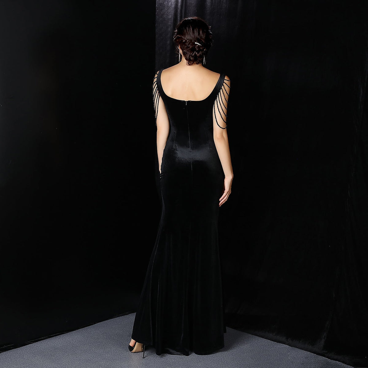 Velvet V-Neck Beaded Sleeve Slit Mermaid Gown
