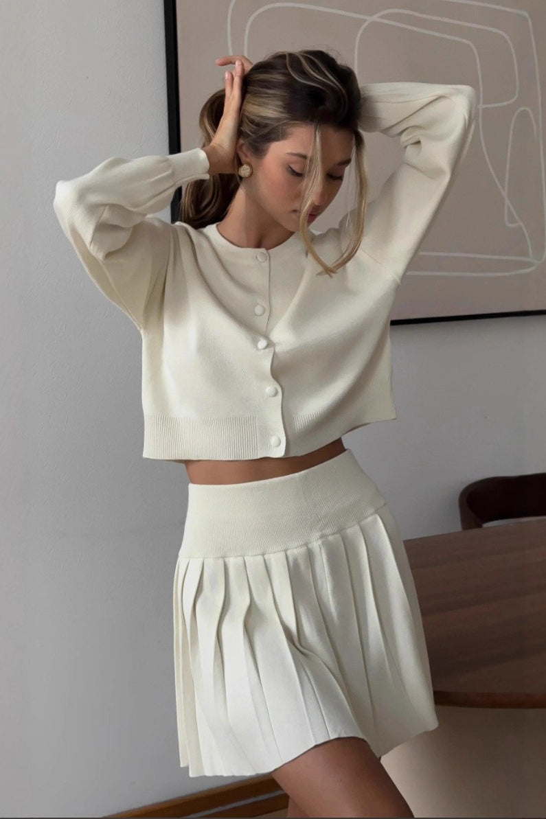 Ruffled Knit Cardigan and Mini Skirt Two-Piece Set