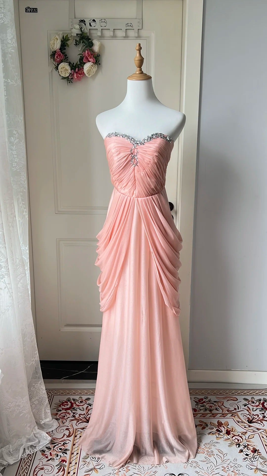 Elegant Pink Heart Neckline Rhinestone Chiffon Long Prom Dress Evening Dress P4205