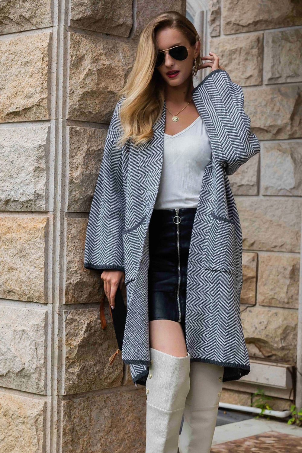 RadyRin Elegant Printed Cardigan Long Knit Coat for Comfort