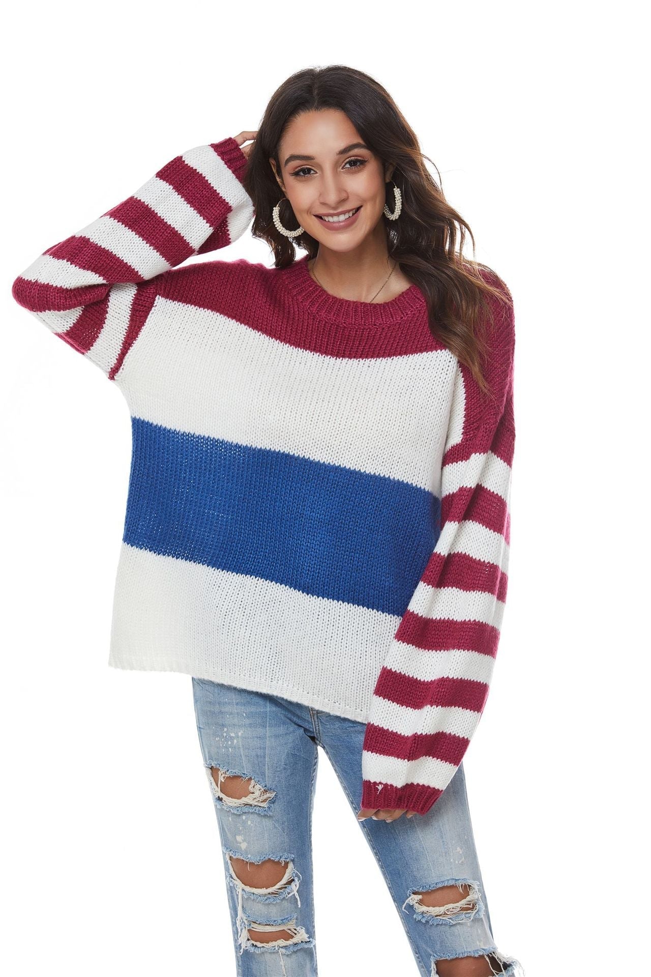 RadyRin Patchwork Round Collar Sweater in Large Size