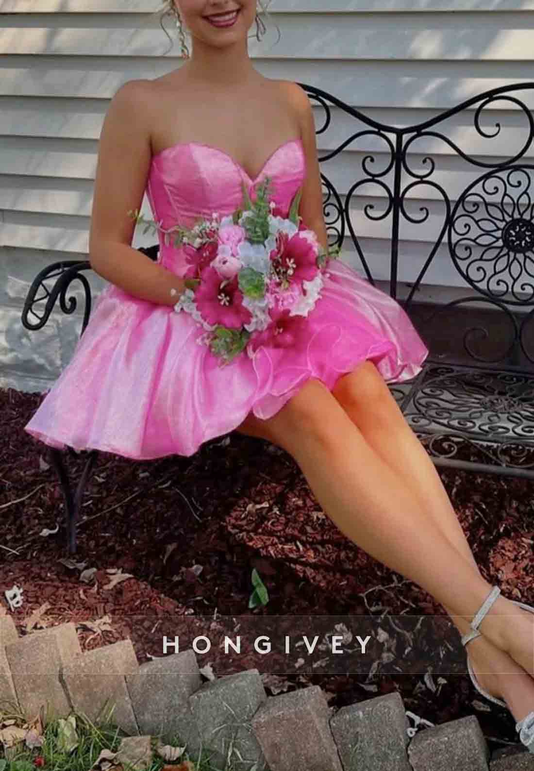 Strapless A-Line Pleated Sweetheart Low Back Short Homecoming Dresses