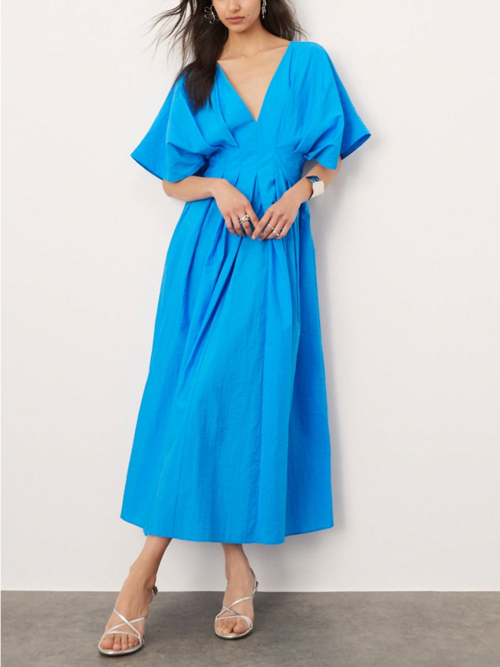 V-Neck Short Sleeve Midi Dress In Blue - Fashionpara