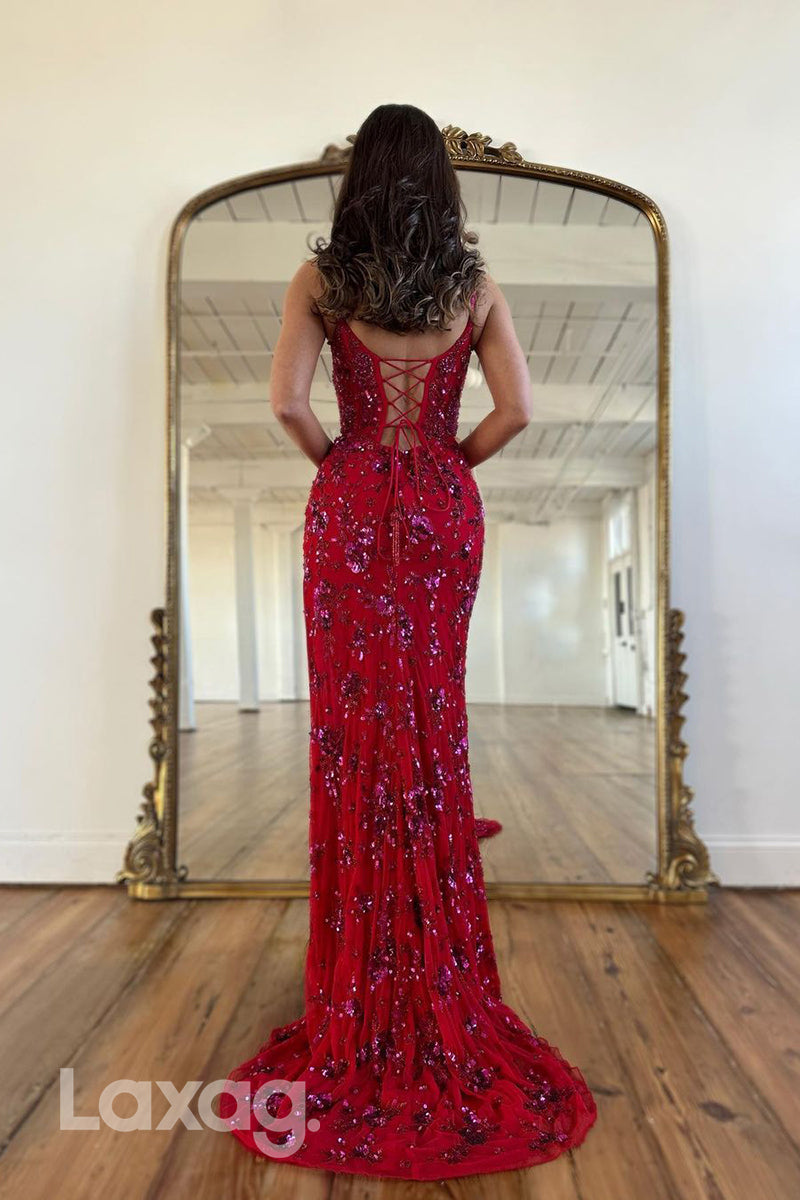 20714 - Appliques Beaded Deep Thigh Slit Sequins Long Prom Gown