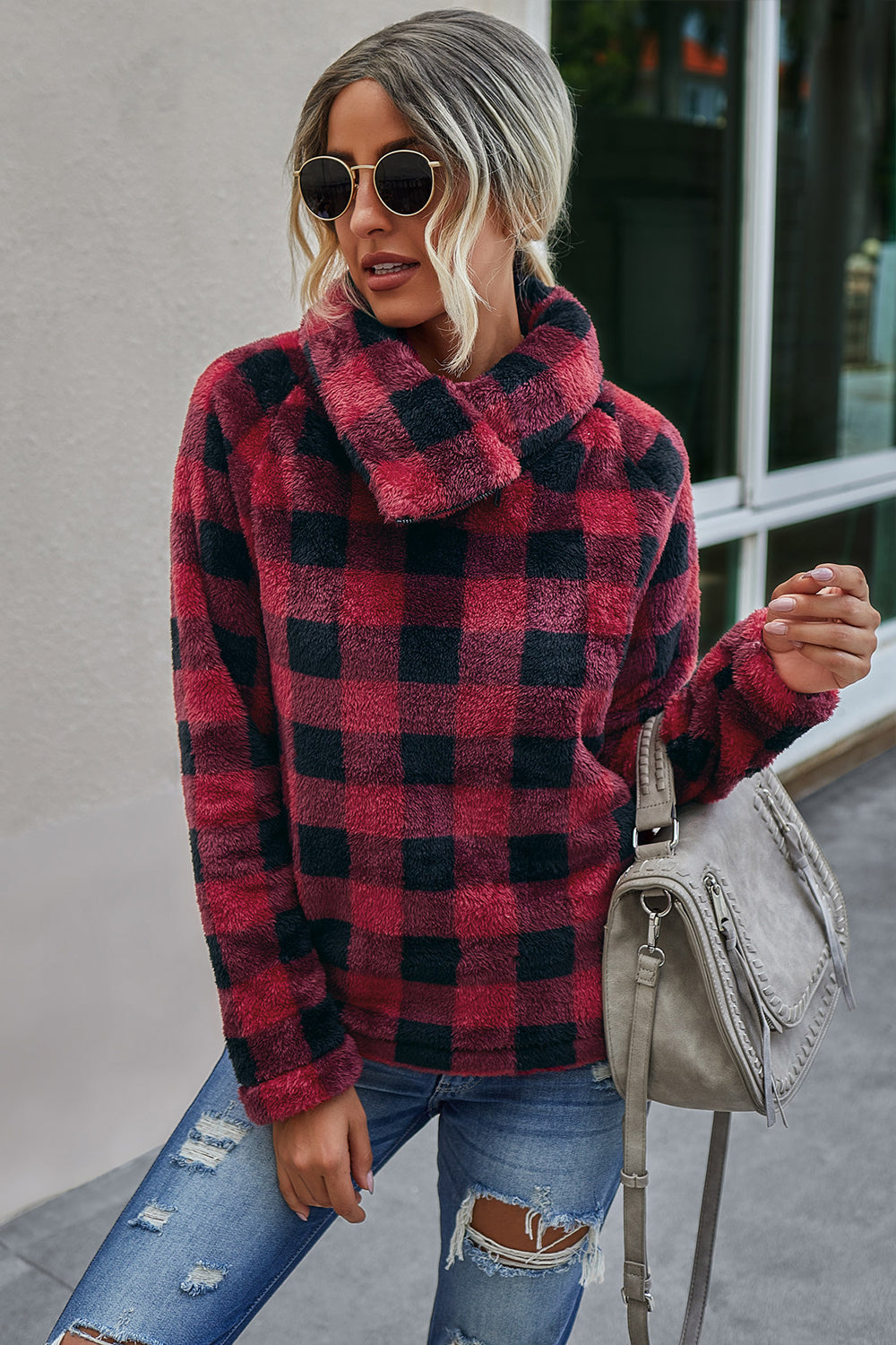 RadyRin Diagonal Plaid Zipper Sweater for Stylish Comfort