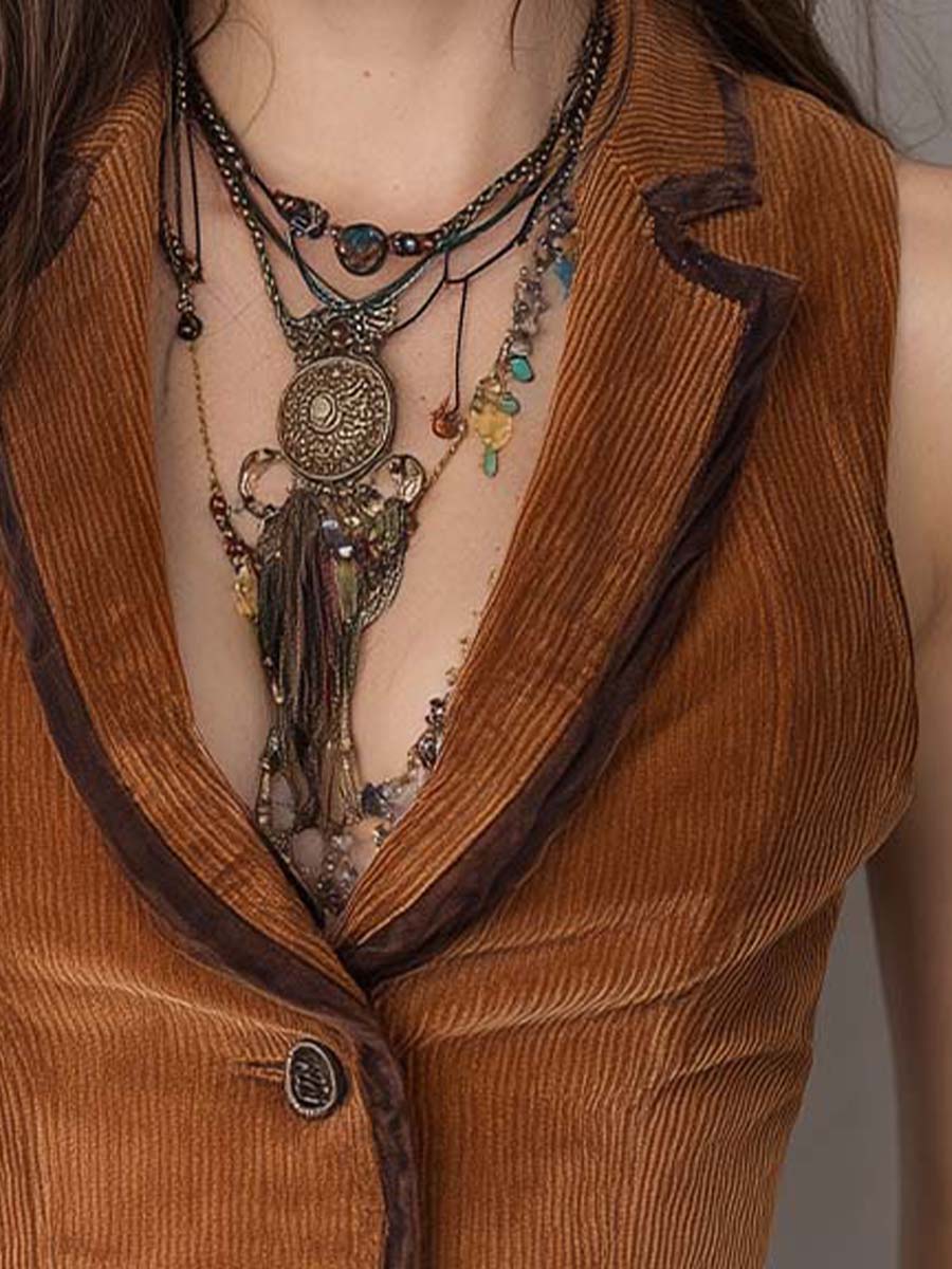Retro Bohemian Contrast Piping Corduroy Slim Vest - Fashionpara