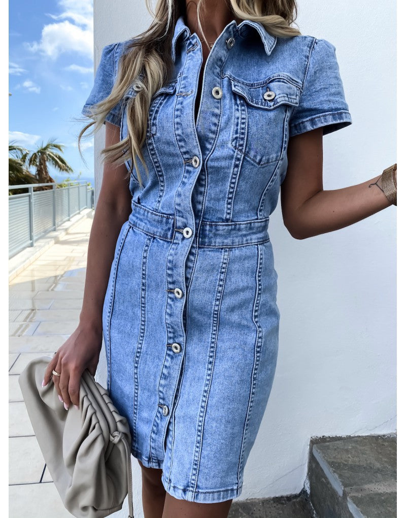 Denim Short Sleeve Button Front Bodycon Mini Dress