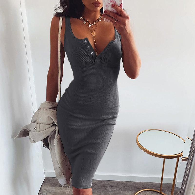 Ribbed Knit V-Neck Button Bodycon Midi Dress