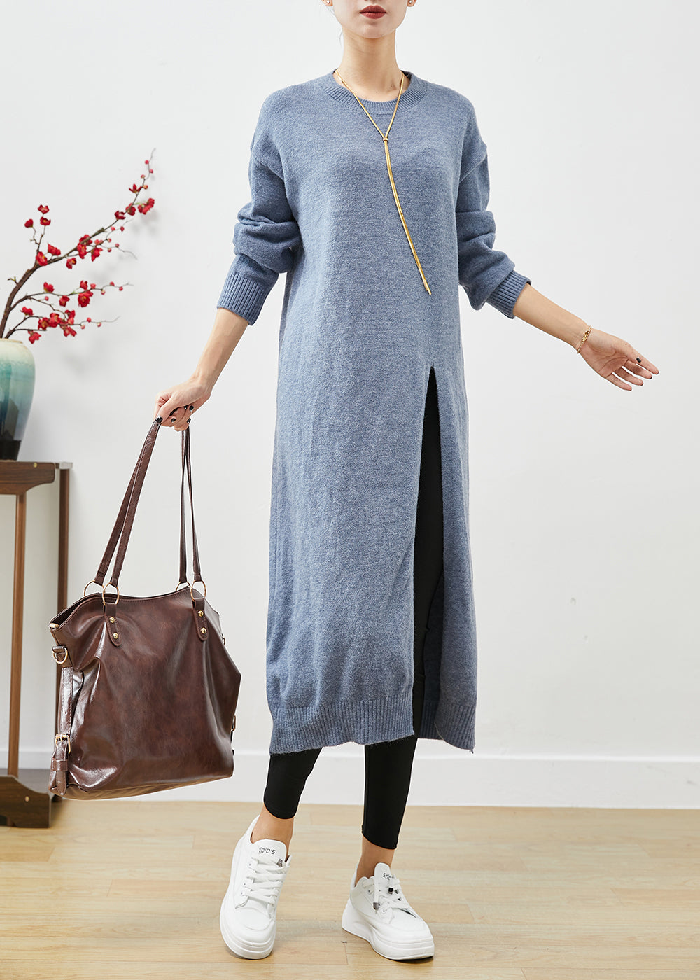 Knit Crew Neck Long Sleeve Ribbed High Split Sweater Midi Dress
