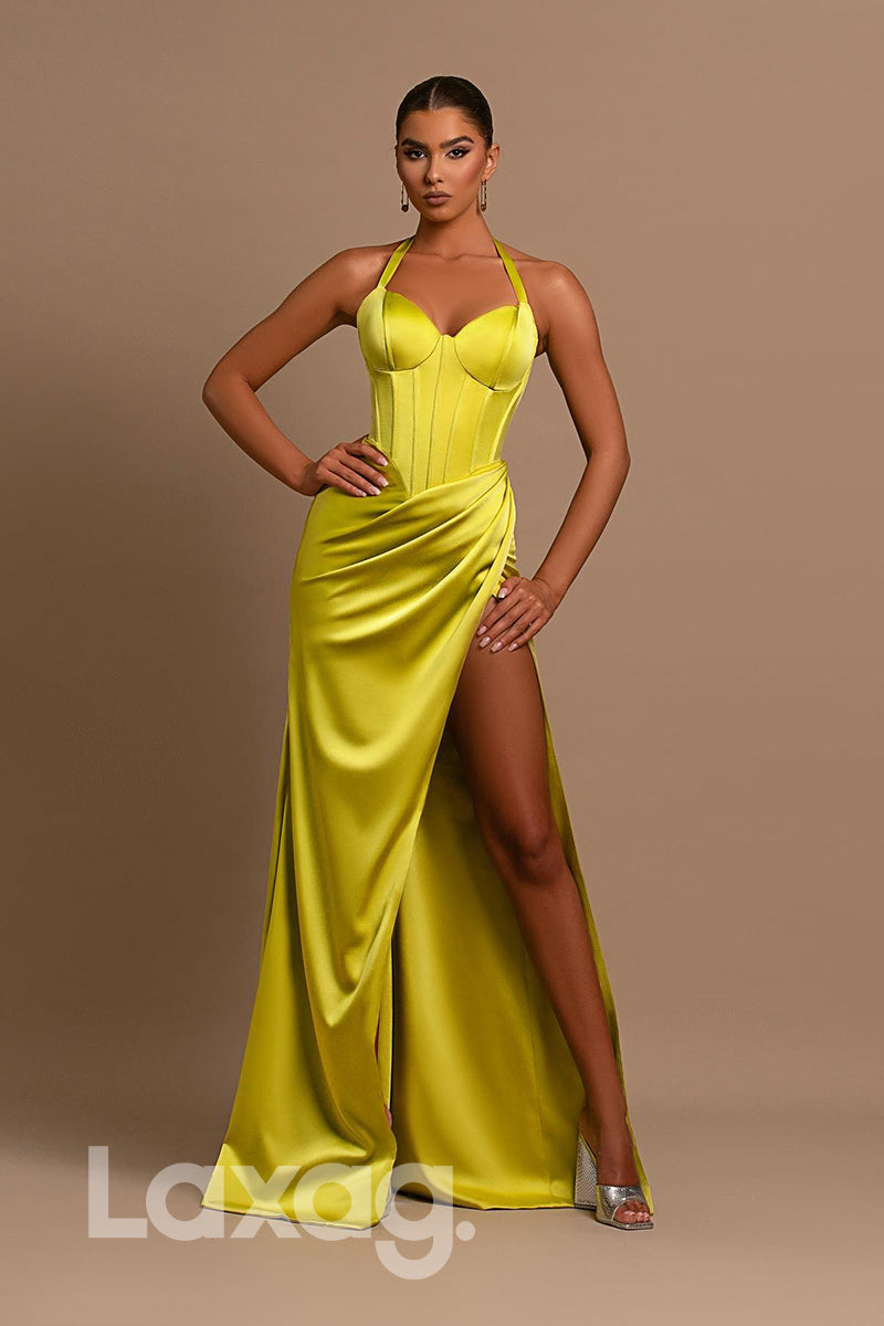 20795 - Halter Thigh Slit Bone Bodice Pleats Long Prom Dress