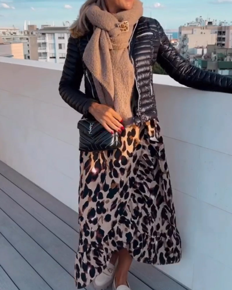 Leopard Print V-Neck Wrap Puff Sleeve Tie Waist Ruffle Trim Midi Dress - View 4