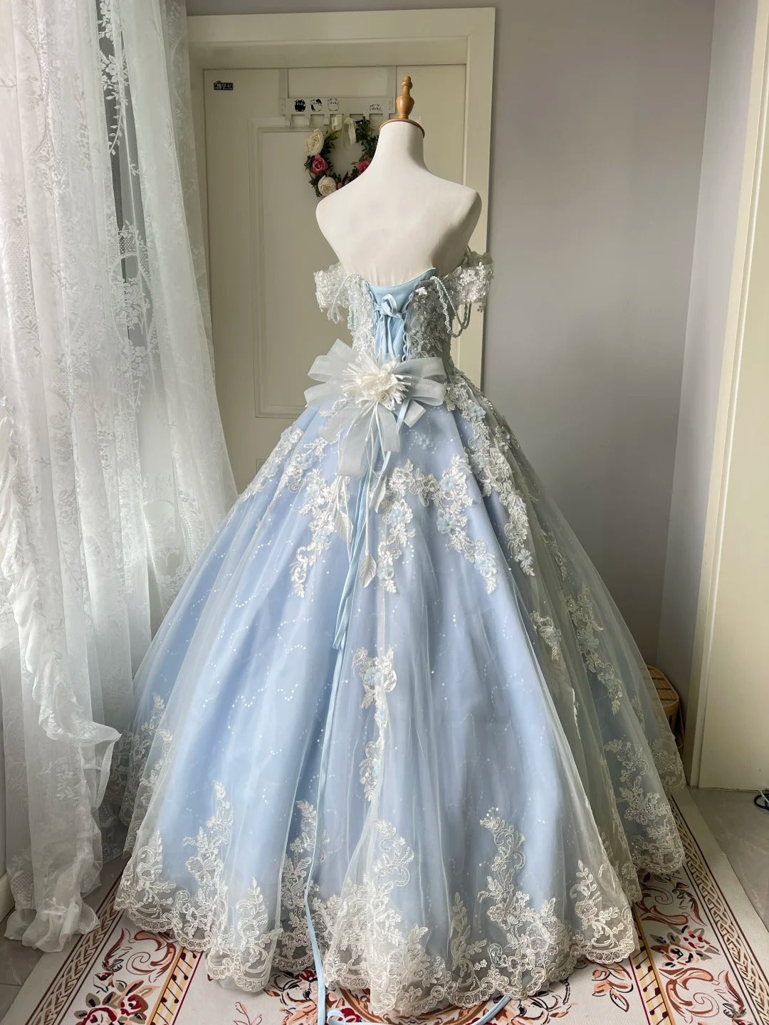 Princess Light Blue Lace Tulle Ball Gown Evening Dress Sweet 16th Dress P4208