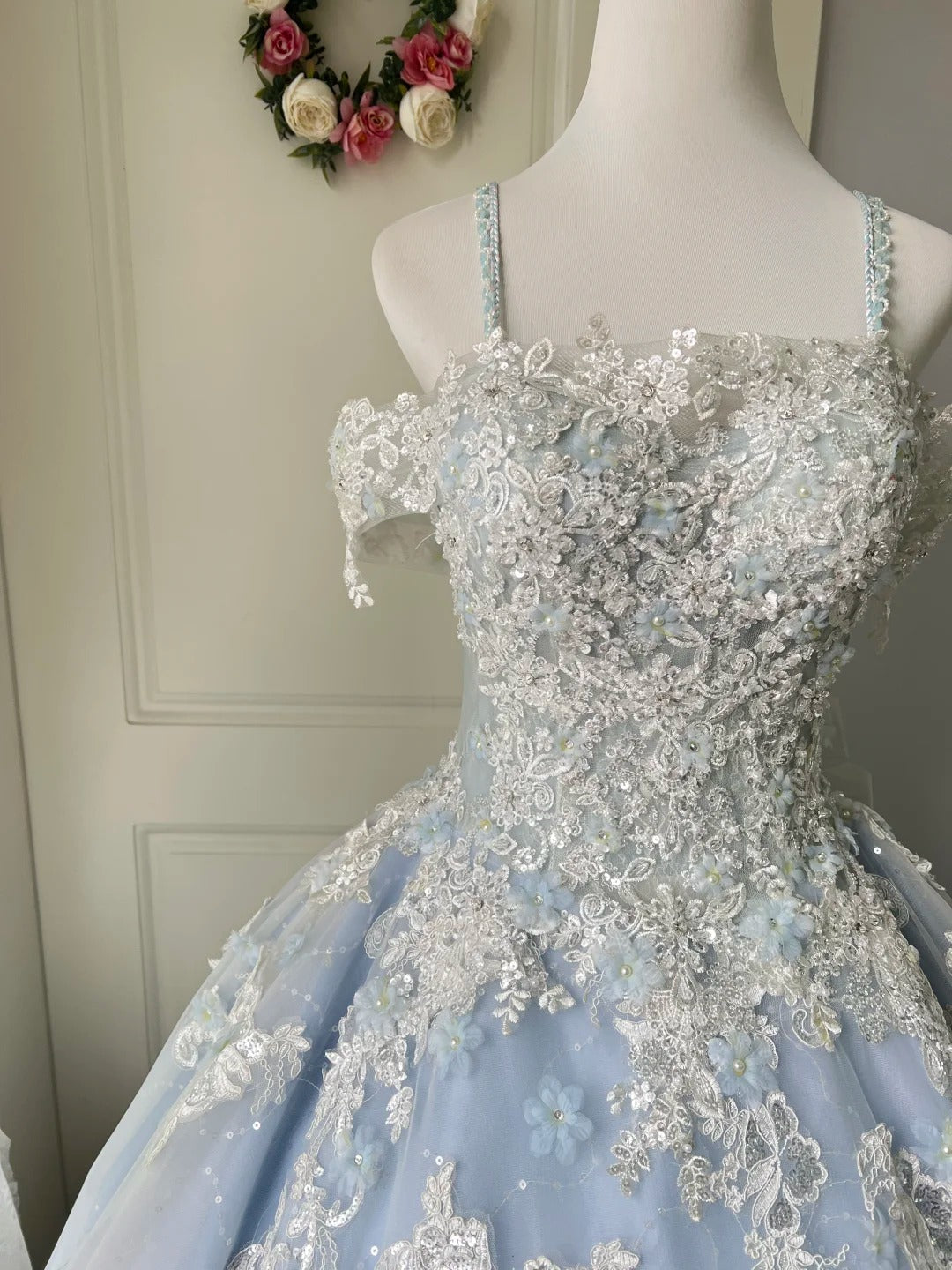Princess Light Blue Lace Tulle Ball Gown Evening Dress Sweet 16th Dress P4208