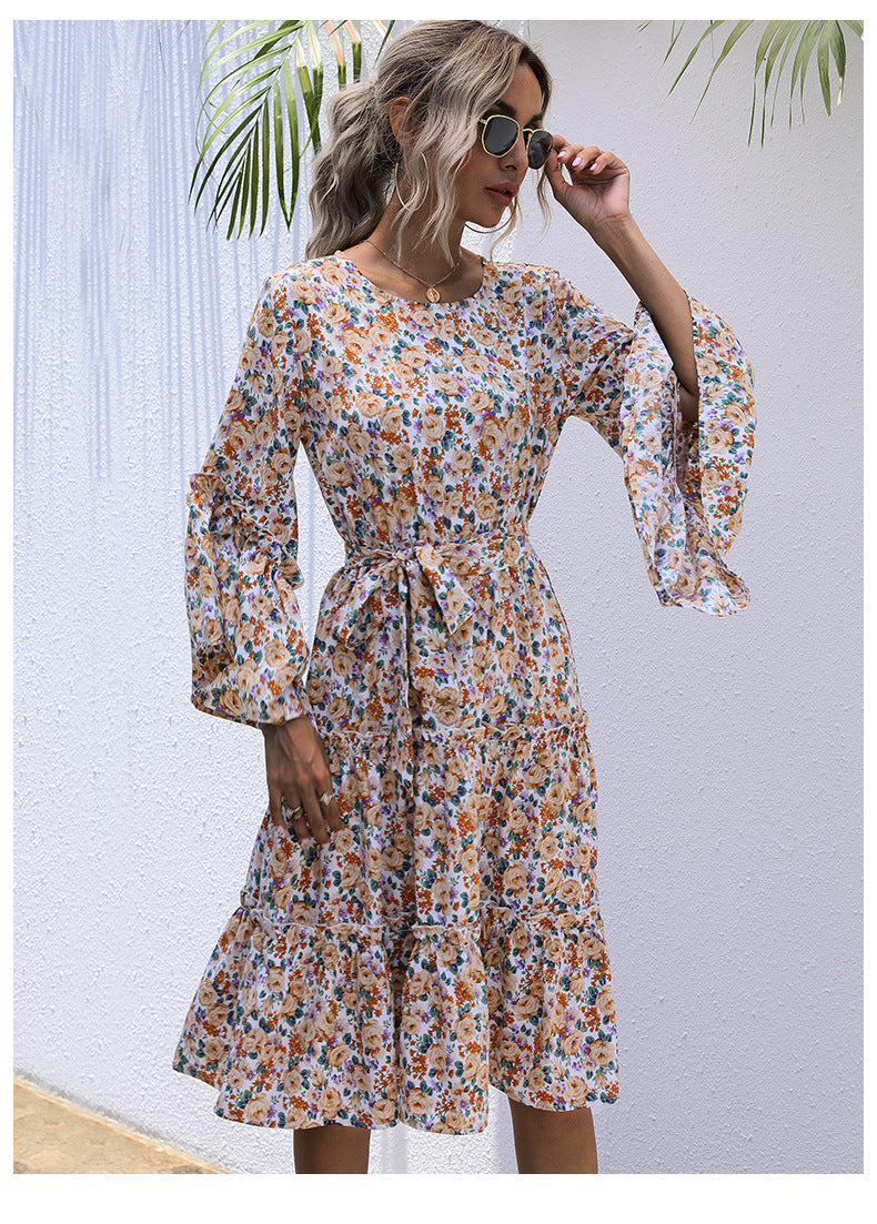 Floral Print Long Sleeve Tiered Midi Dress
