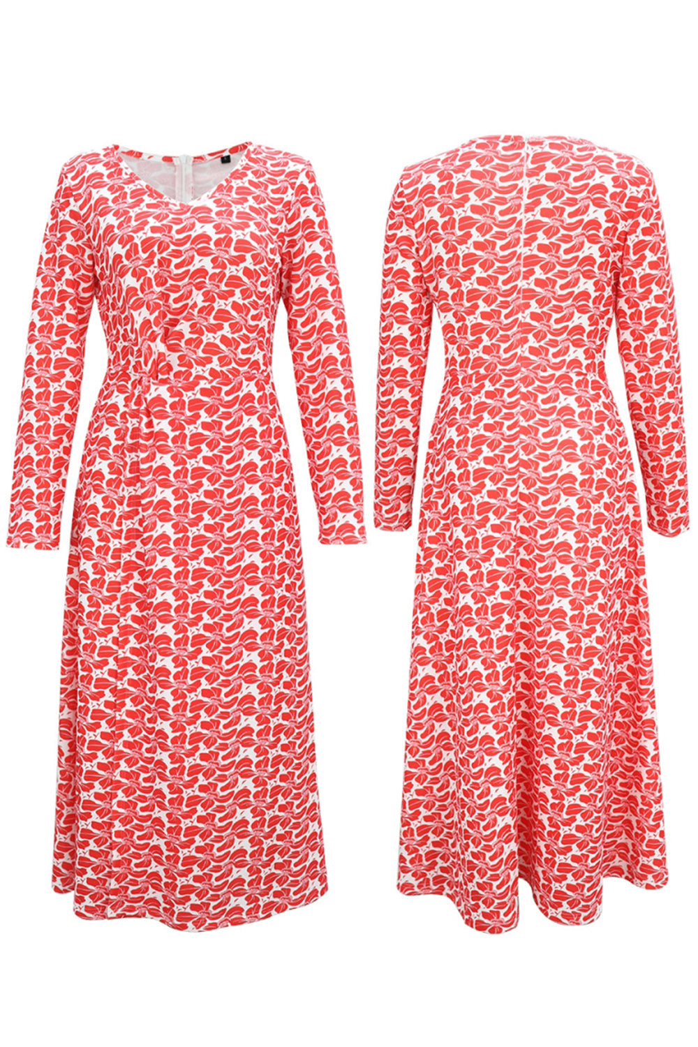 V-neck Printed Waist Slit Long Sleeve Dress - Fashionpara