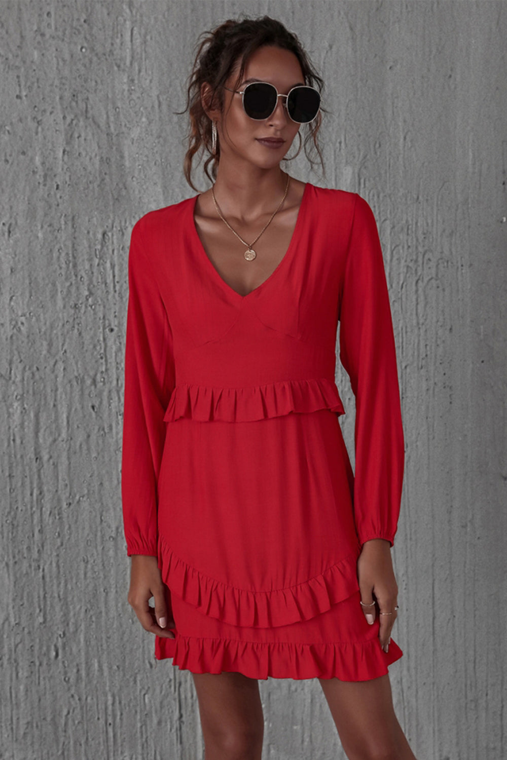 High Waist Ruffled Long Sleeve Dress - Fashionpara