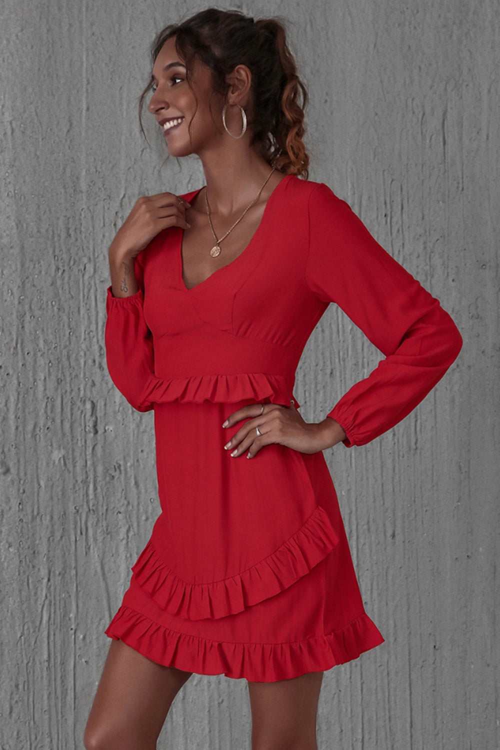 High Waist Ruffled Long Sleeve Dress - Fashionpara