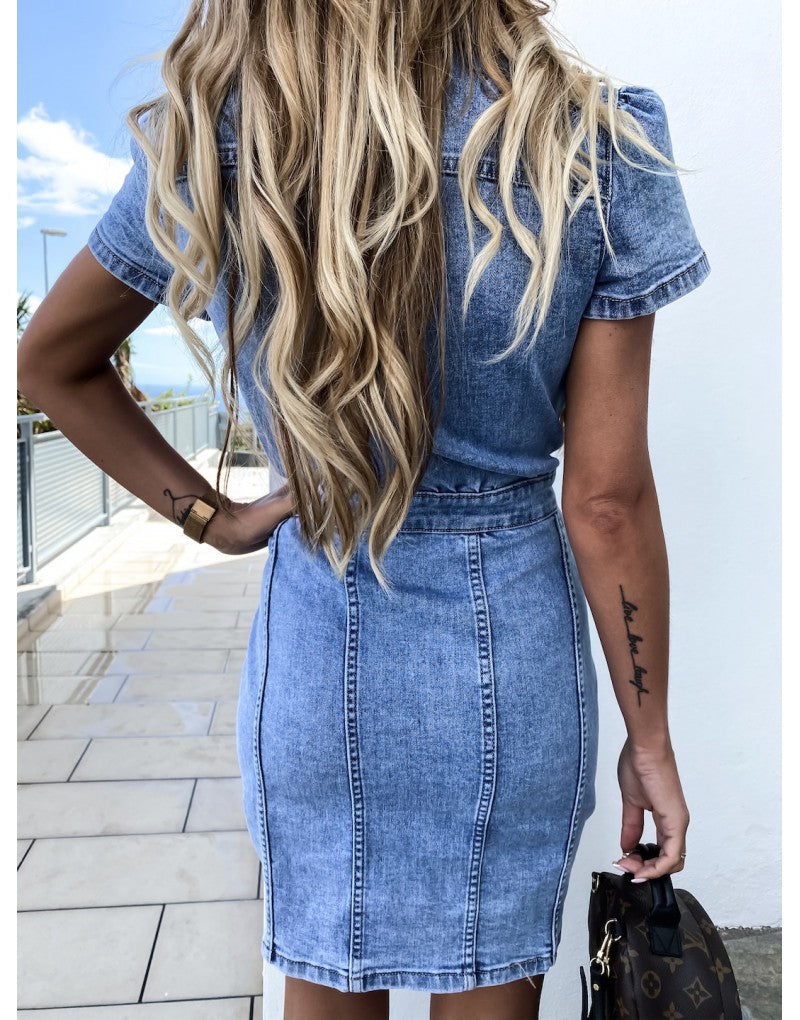 Denim Short Sleeve Button Front Bodycon Mini Dress