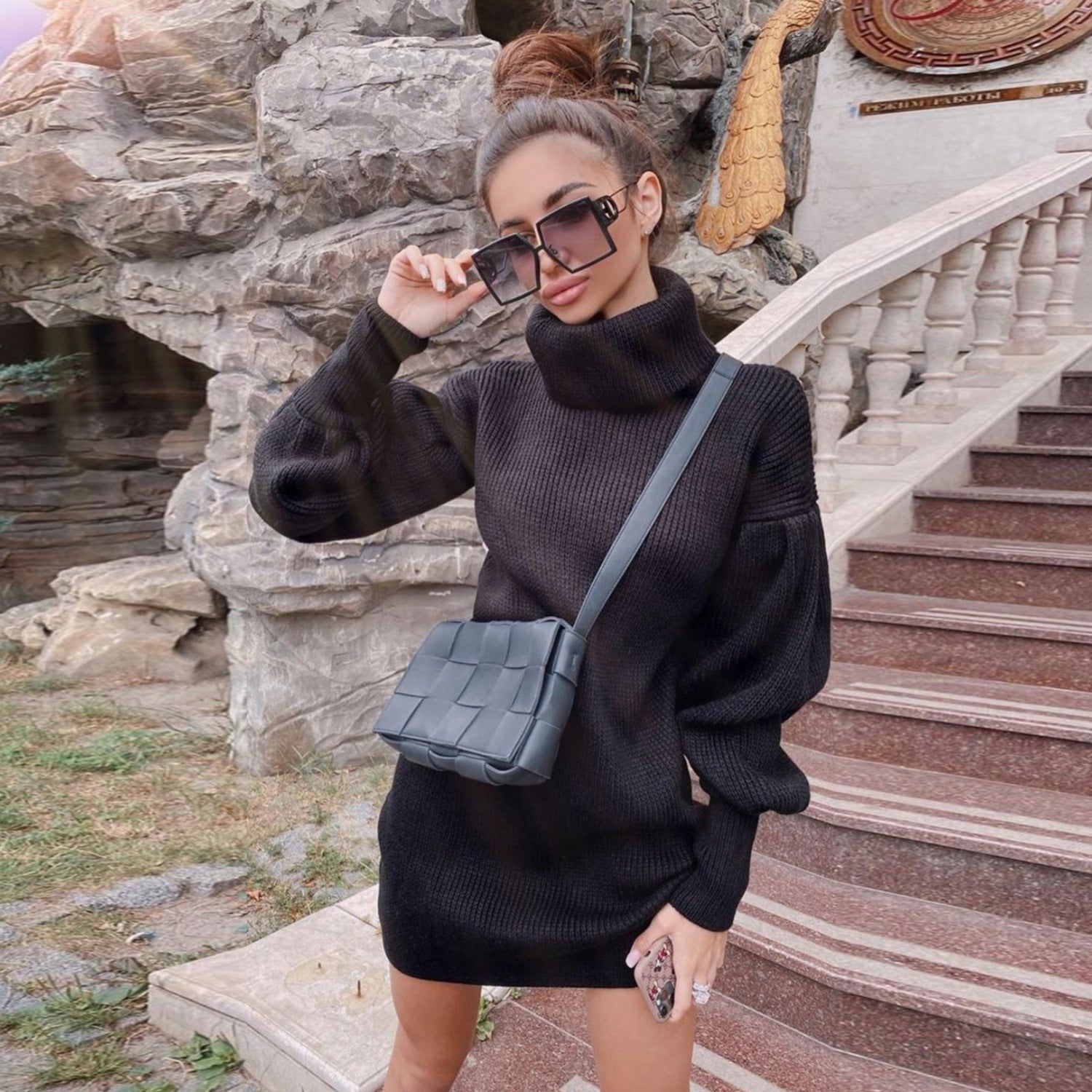 ShoptheCIC Lantern Sleeve Turtleneck Knit Sweater Dress