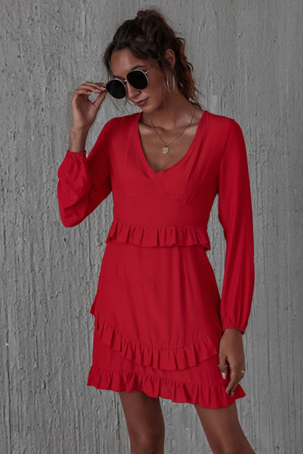 High Waist Ruffled Long Sleeve Dress - Fashionpara