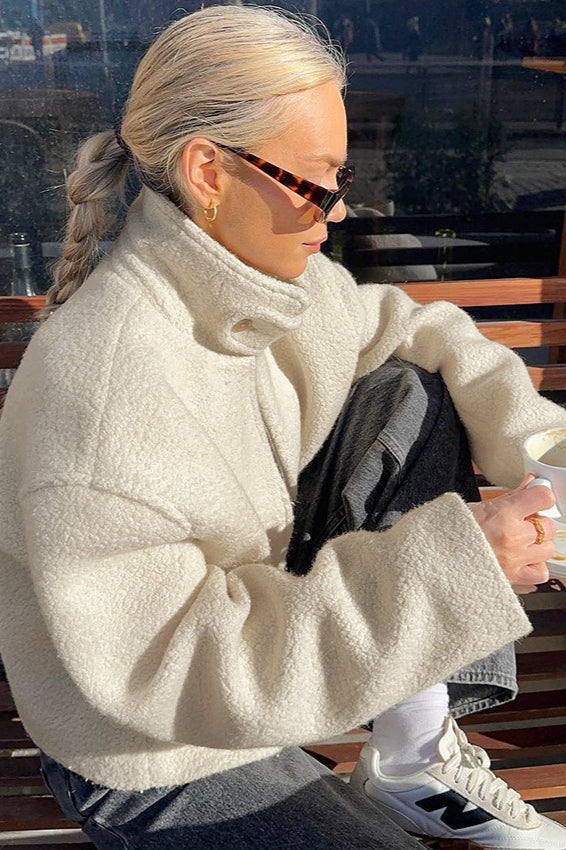 Faux Shearling Stand Collar Cropped Coat - Fashionpara