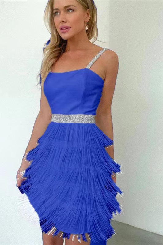 Elegant Black White Blue Sling Fringe Midi Cocktail Dress