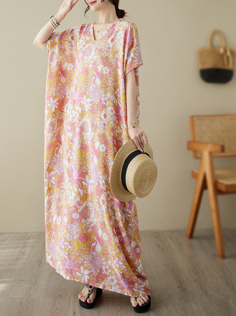 Floral Print V-Neck Short Sleeve Kaftan Maxi Dress 3