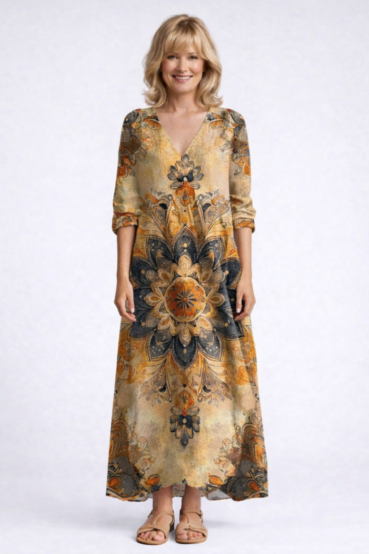 Mandala Print V-Neck A-Line Maxi Dress