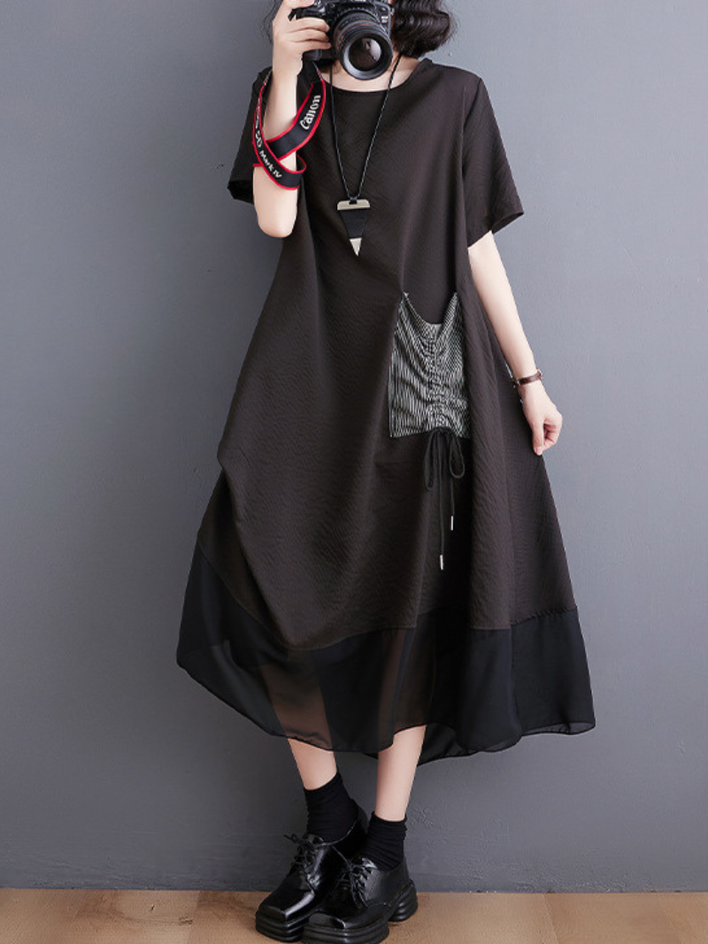 Round Neck Short Sleeve Spliced Pocket A-Line Midi Dress 2