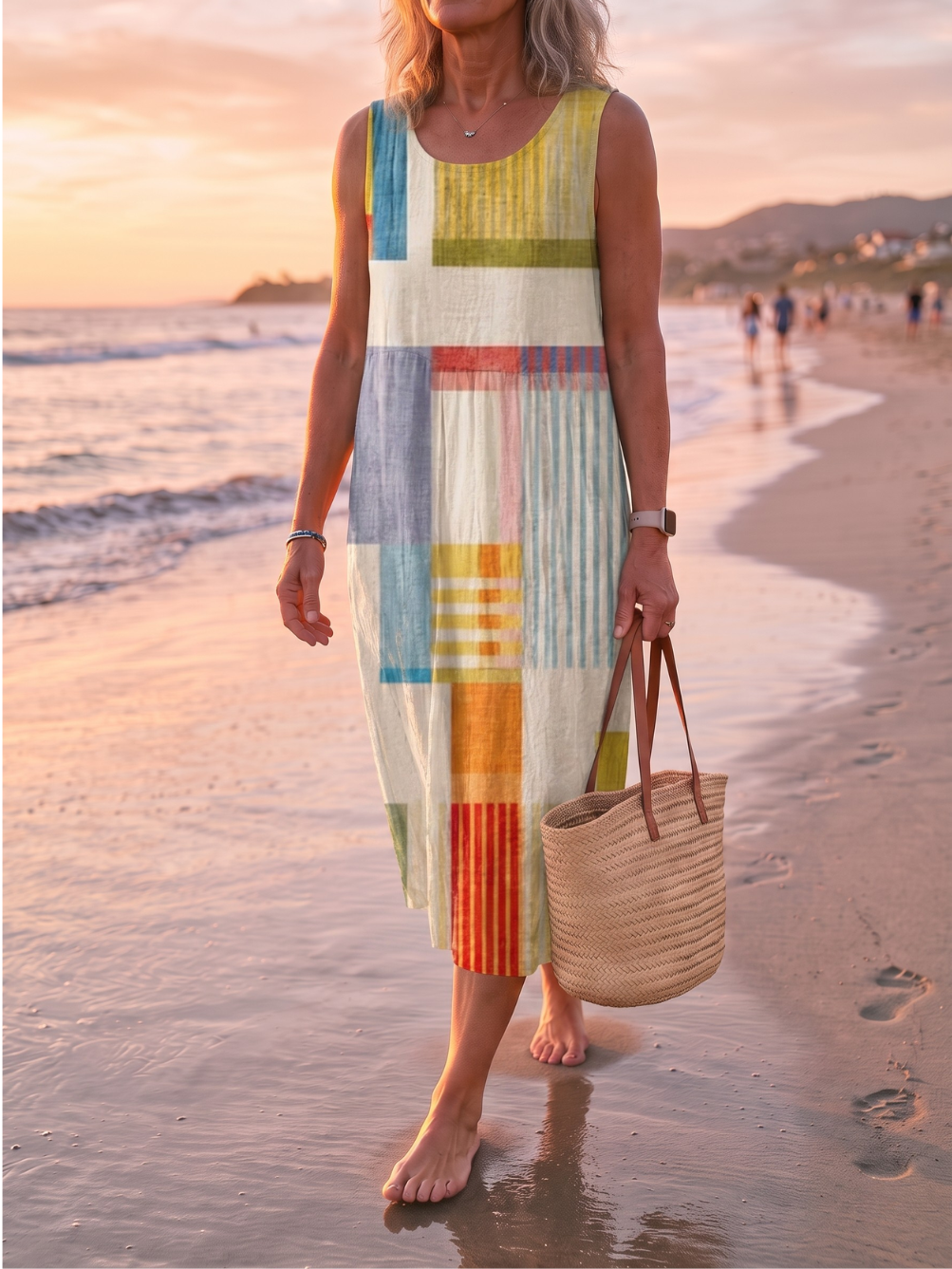 Colorblock Patchwork Round Neck Sleeveless Midi Dress