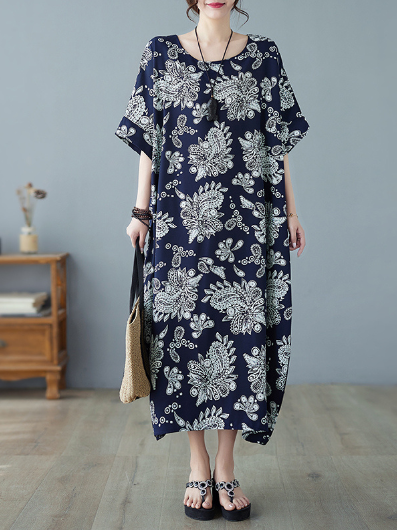 Paisley Print Round Neck Short Sleeve Kaftan Maxi Dress 3