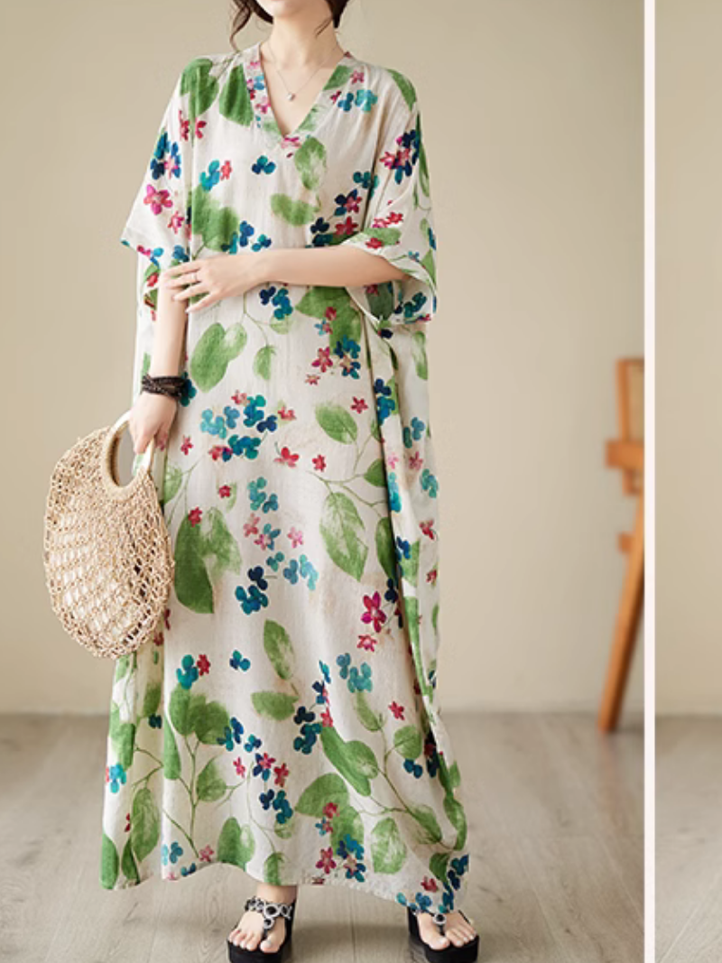 Leaf Print V-Neck Short-Sleeve Kaftan Maxi Dress 2