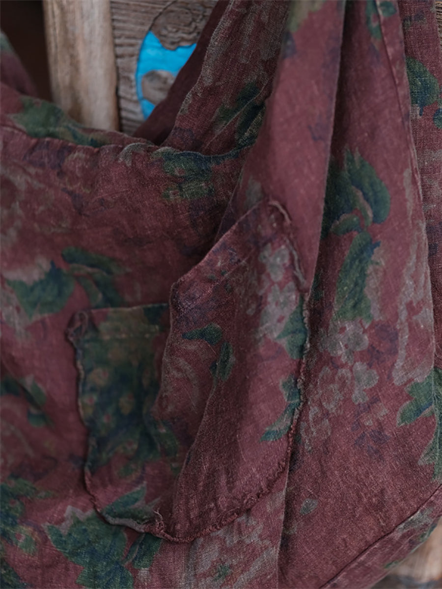 Retro Floral Spliced Linen Shoulder Bag