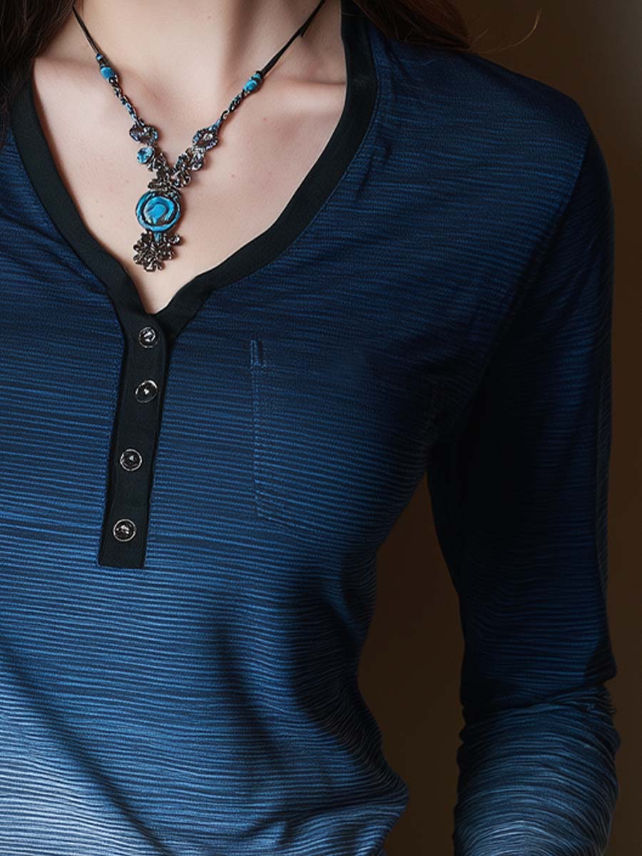 Indigo Ombre Long Sleeve Henley - Fashionpara