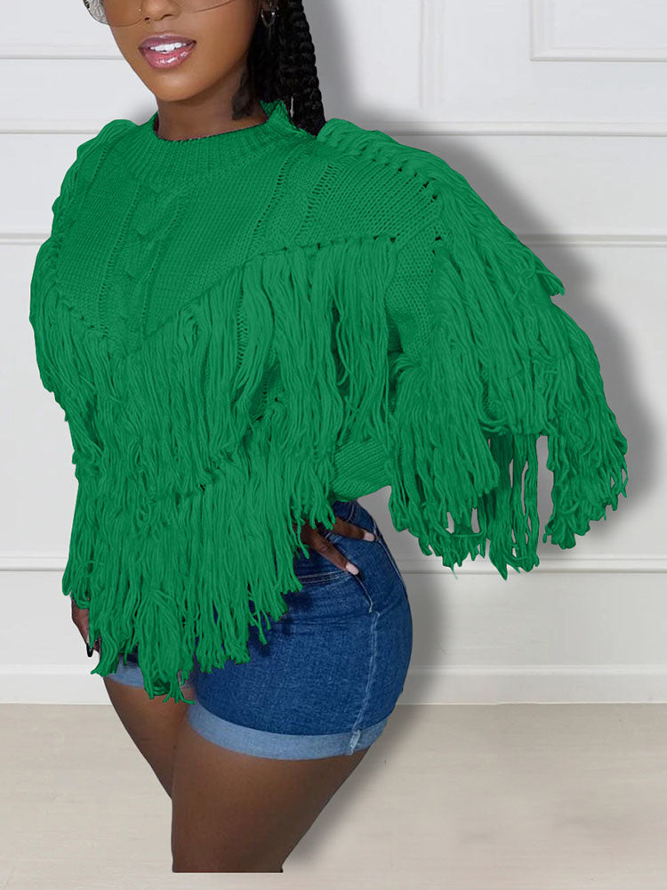 Tassel Fringe Cable Knit Sweater