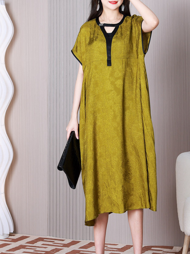 Jacquard Keyhole V-Neck Short-Sleeve A-Line Midi Dress 2