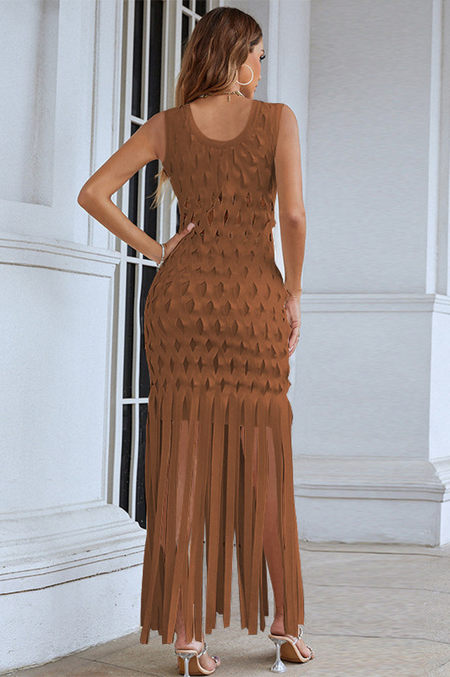 Cutout Sleeveless Tassel Fringe Hem Maxi Dress