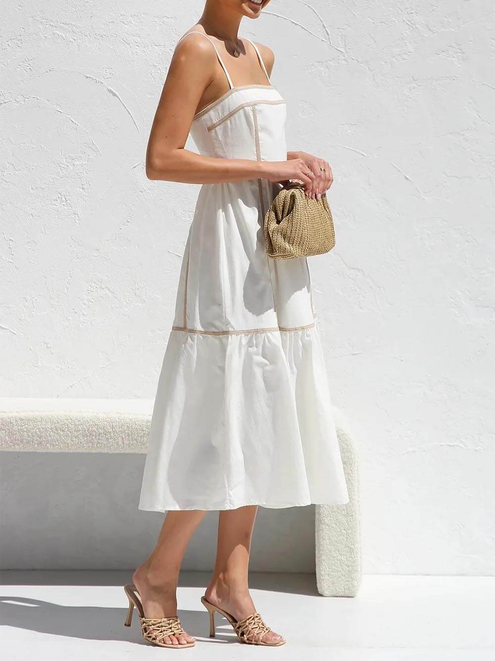 Contrast Color Trim Adjustable Straps Midi Dress - Fashionpara