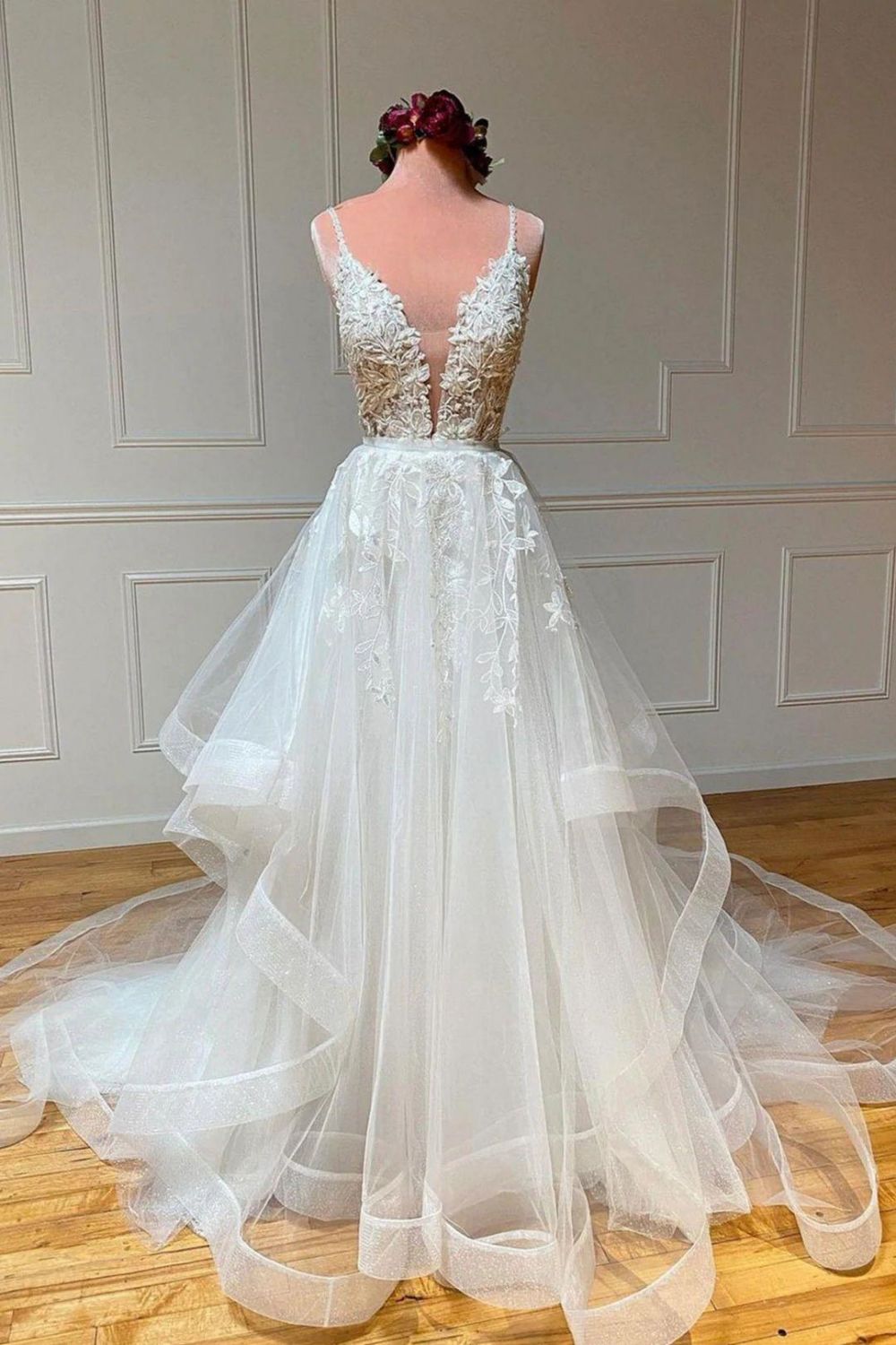 Charming A Line Spaghetti Straps White Bridal Dress with Appliques - Fashionpara