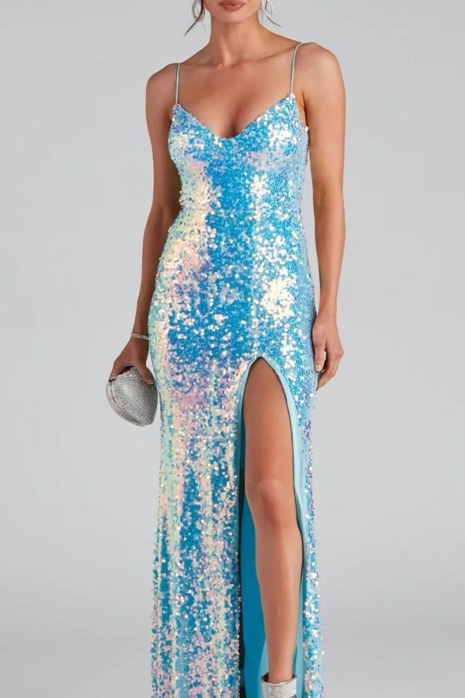 Beaded Split Spaghetti Strap Bridesmaid Evening Sequin Dress