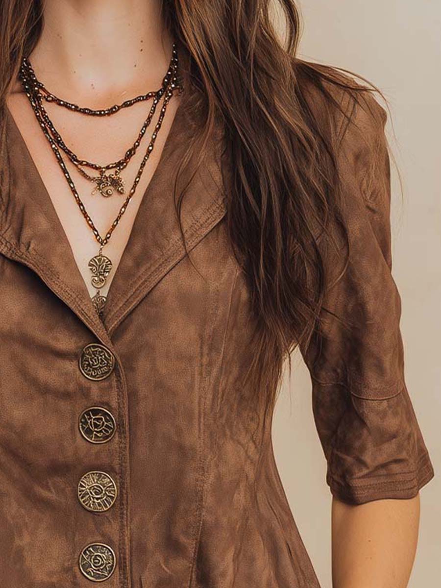 Chestnut Micro-suede Vintage Button Shirt - Fashionpara